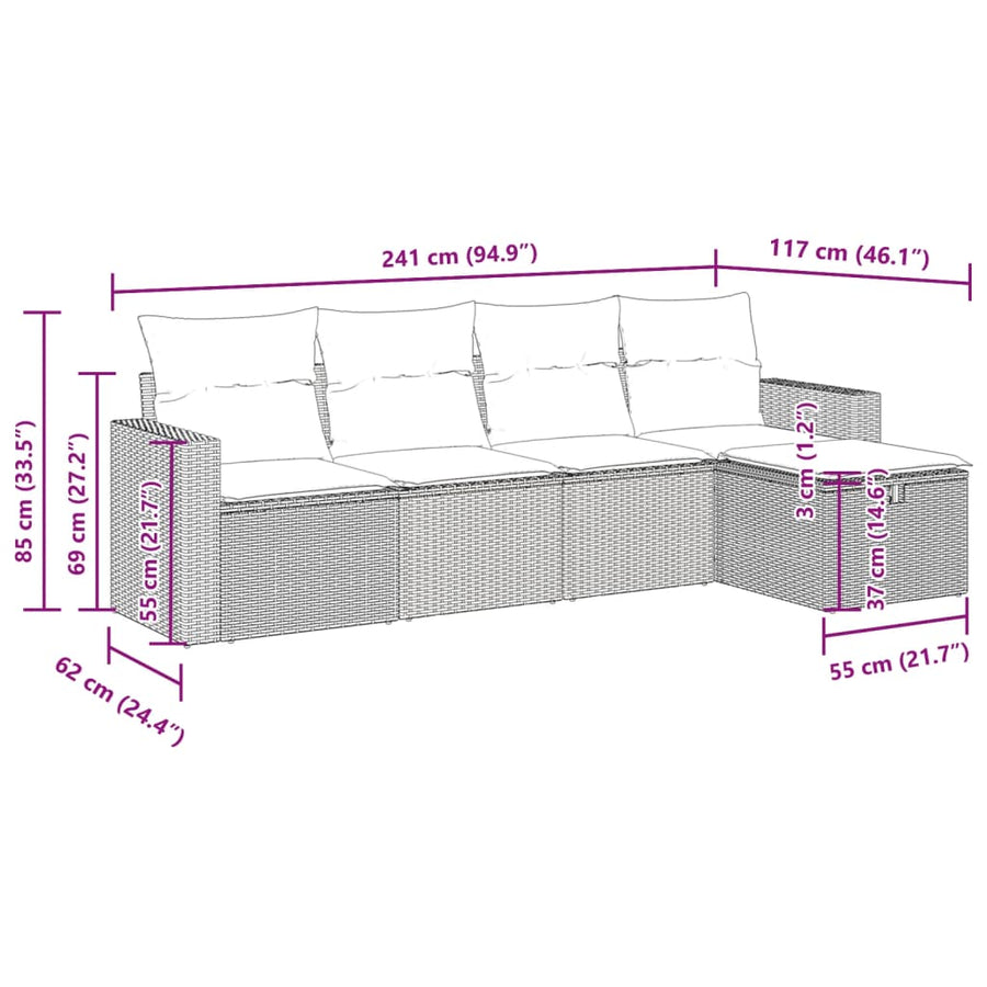 5-delige Loungeset met kussens poly rattan zwart