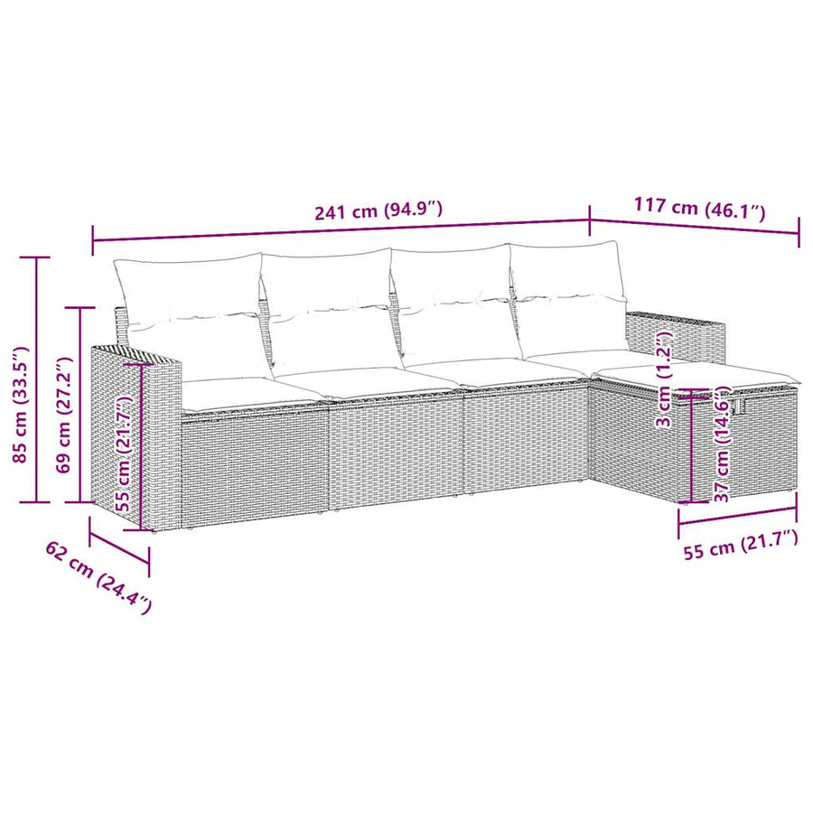 5-delige Loungeset met kussens poly rattan zwart