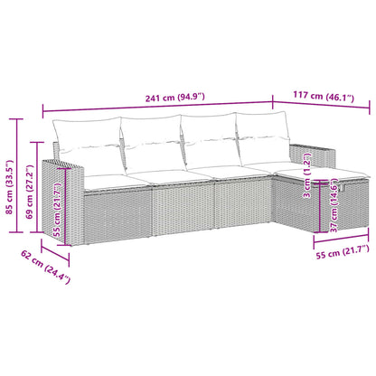 5-delige Loungeset met kussens poly rattan grijs