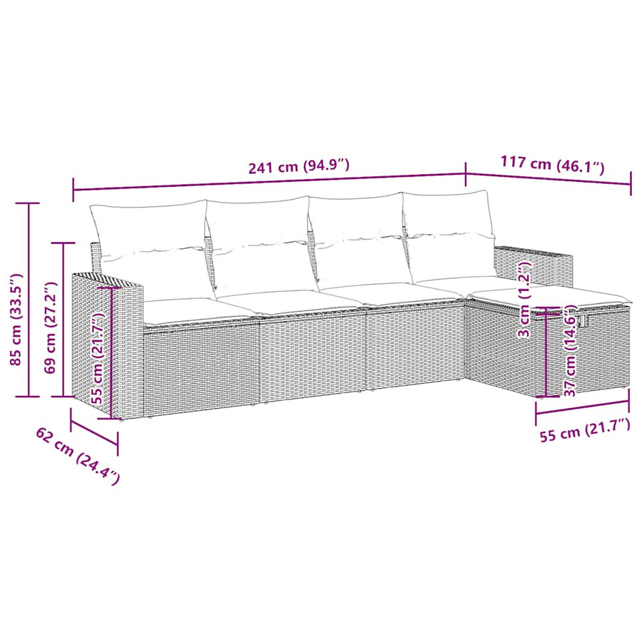 5-delige Loungeset met kussens poly rattan grijs
