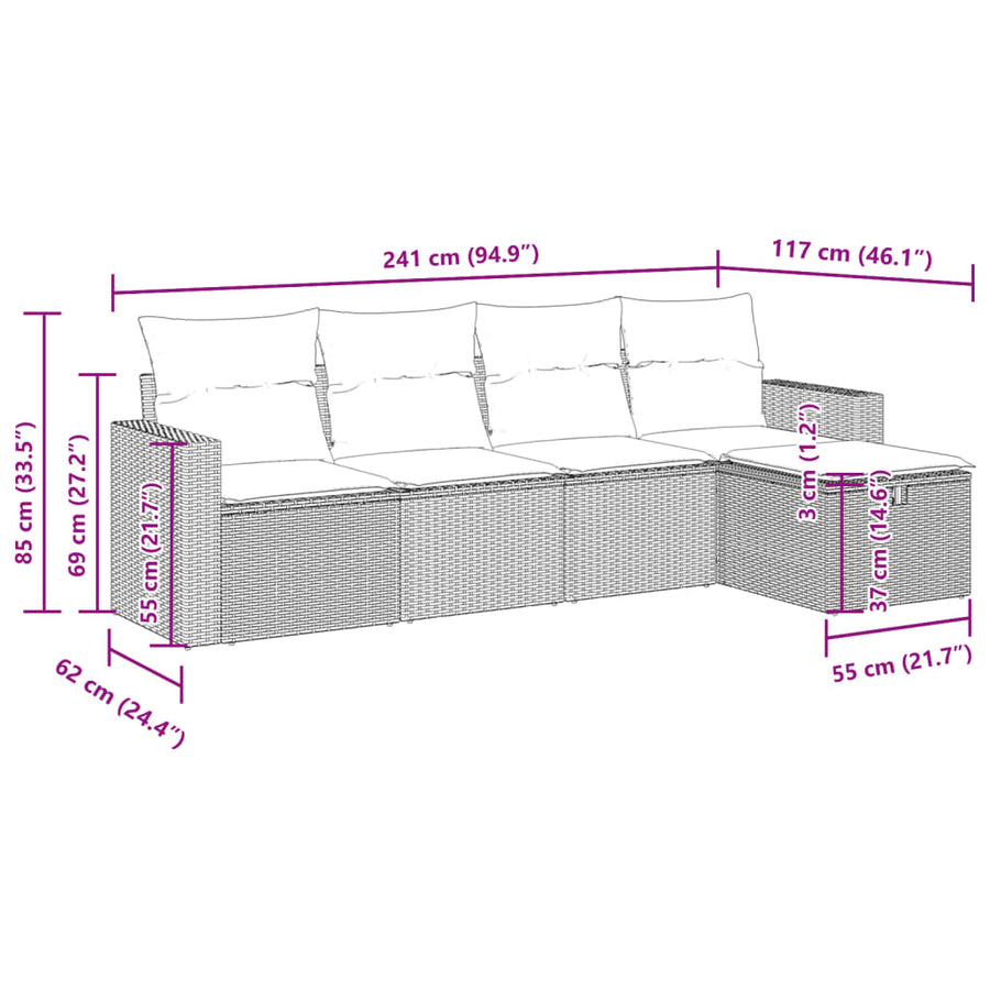 5-delige Loungeset met kussens poly rattan lichtgrijs