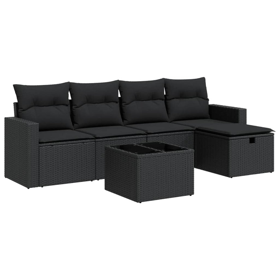 6-delige Loungeset met kussens poly rattan zwart