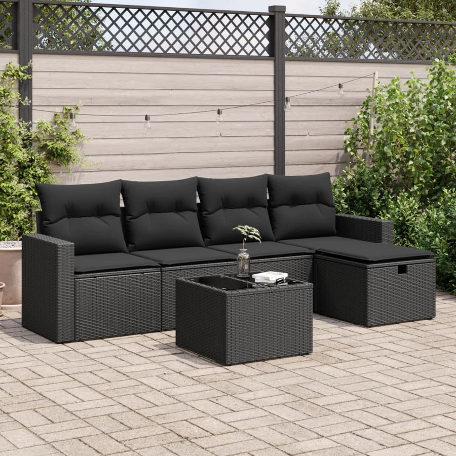 6-delige Loungeset met kussens poly rattan zwart