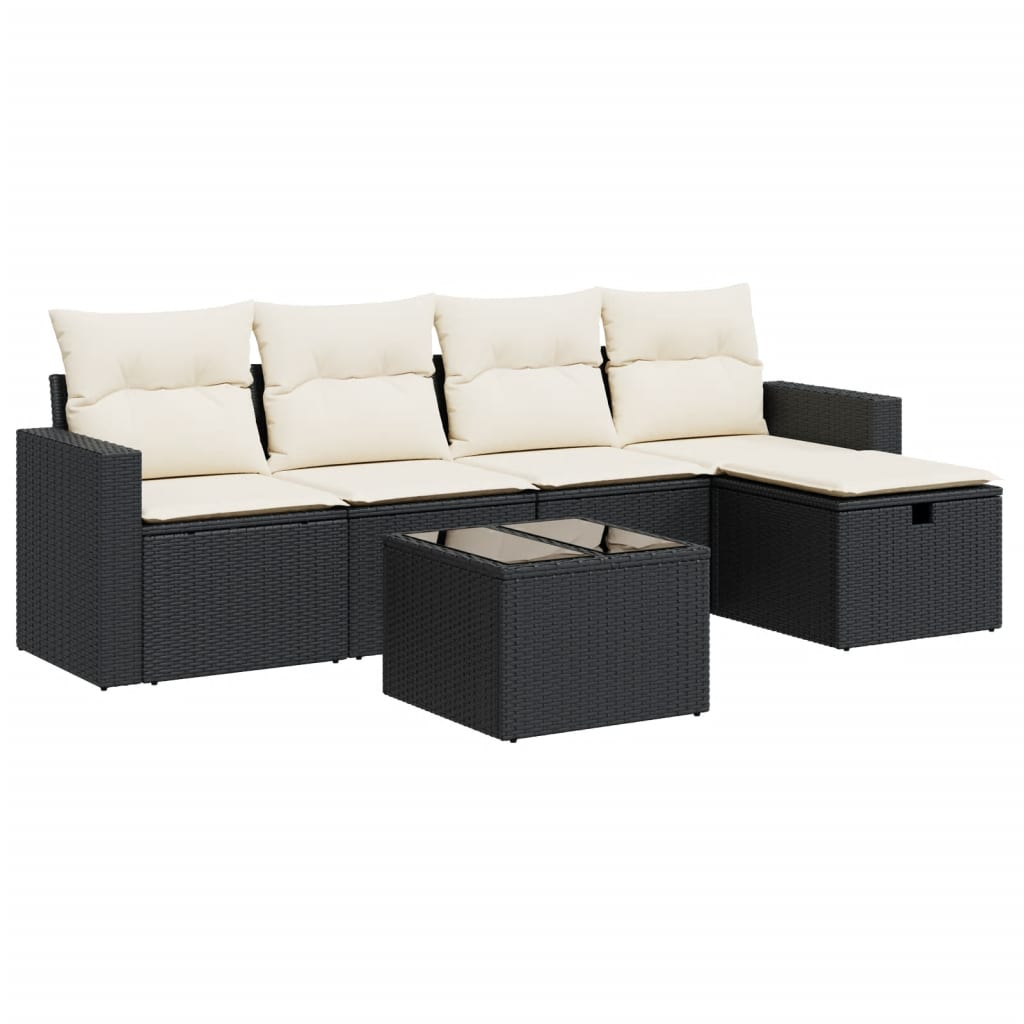 6-delige Loungeset met kussens poly rattan zwart