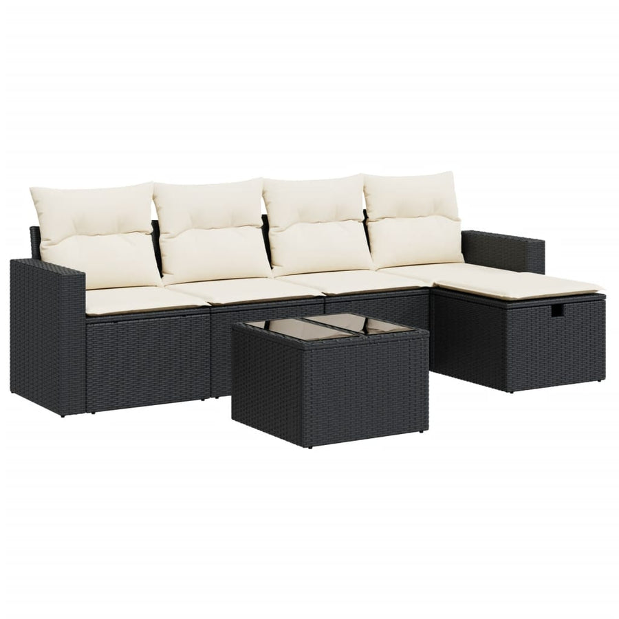 6-delige Loungeset met kussens poly rattan zwart
