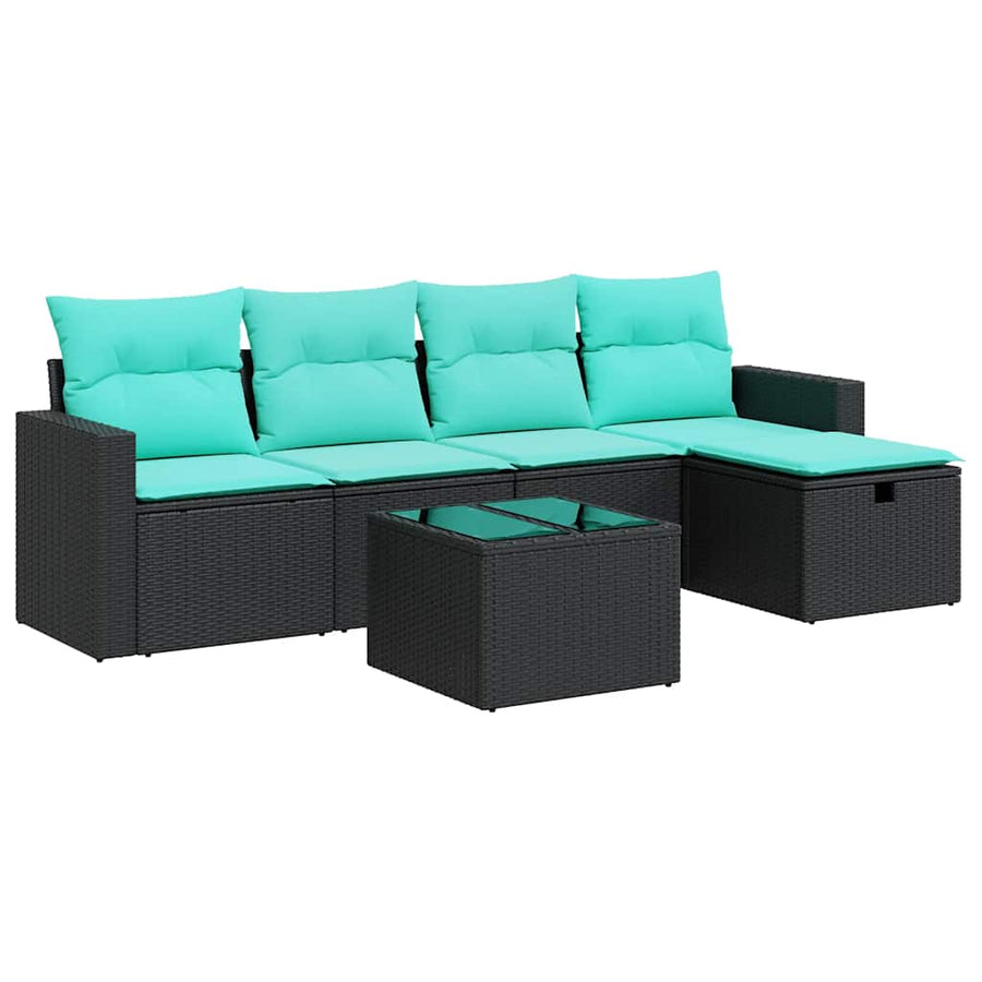6-delige Loungeset met kussens poly rattan zwart