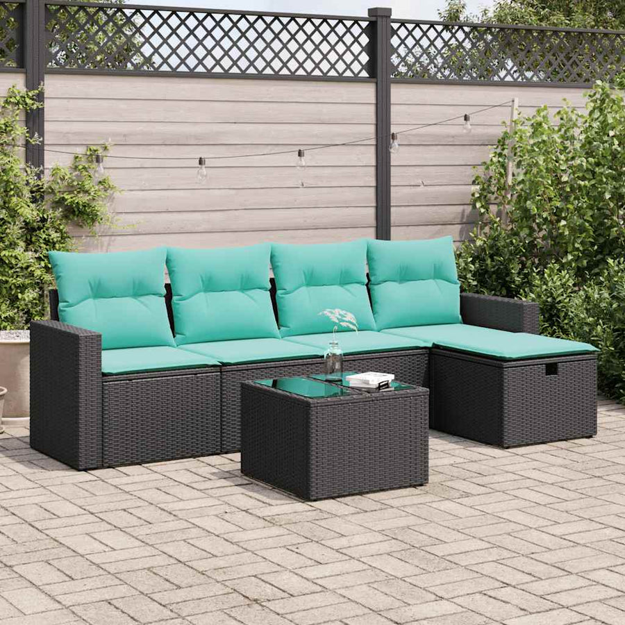 6-delige Loungeset met kussens poly rattan zwart