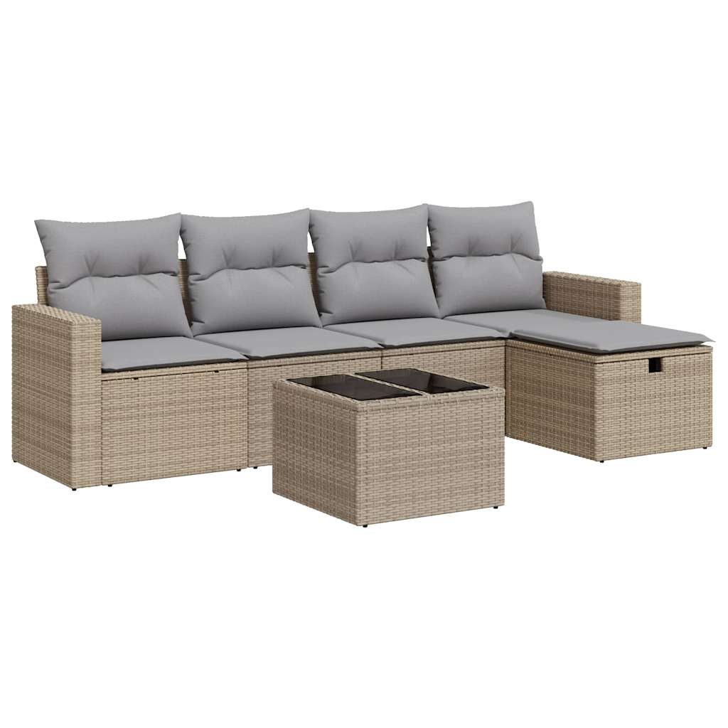 6-delige Loungeset met kussens poly rattan beige