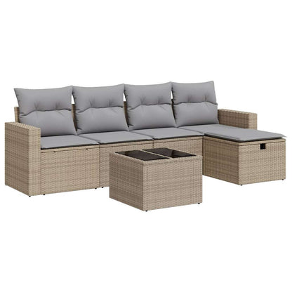 6-delige Loungeset met kussens poly rattan beige