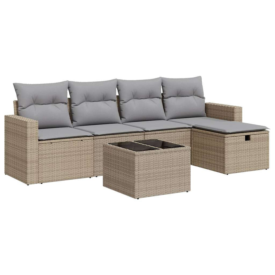 6-delige Loungeset met kussens poly rattan beige