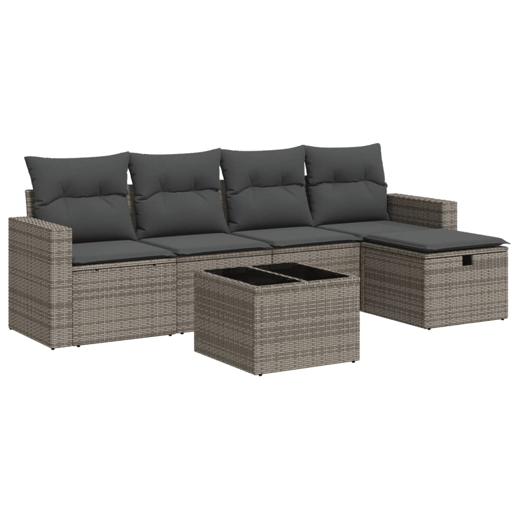 6-delige Loungeset met kussens poly rattan grijs