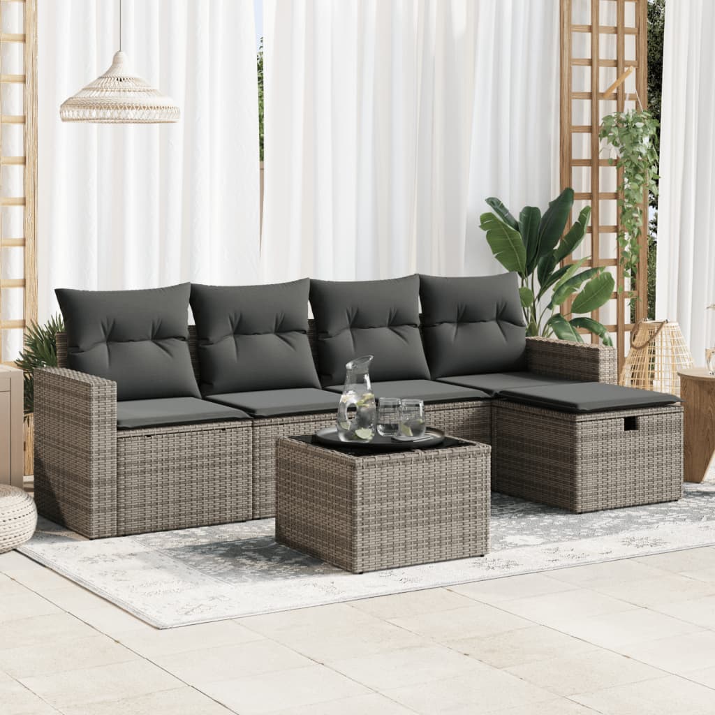 6-delige Loungeset met kussens poly rattan grijs