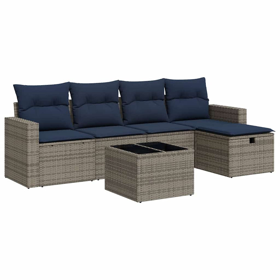 6-delige Loungeset met kussens poly rattan grijs