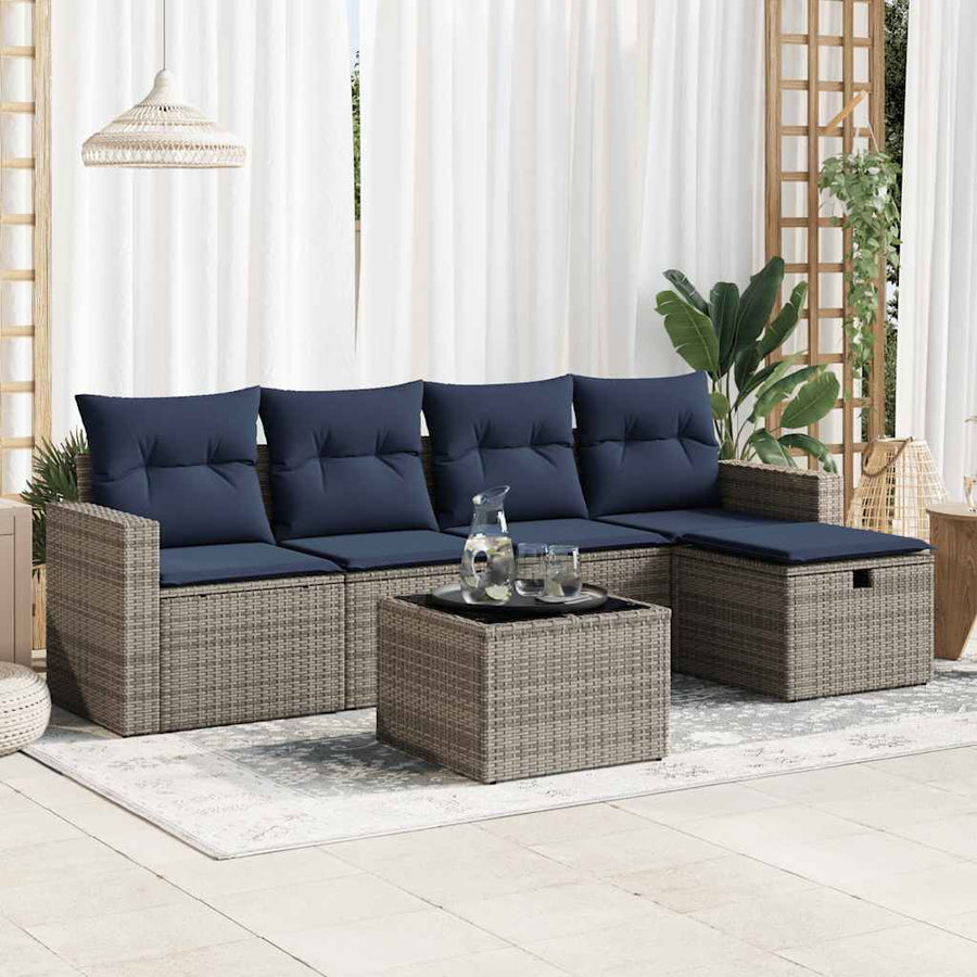 6-delige Loungeset met kussens poly rattan grijs