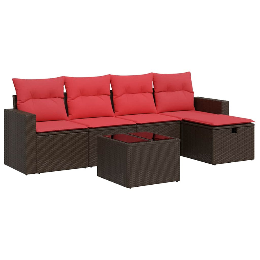 6-delige Loungeset met kussens poly rattan bruin