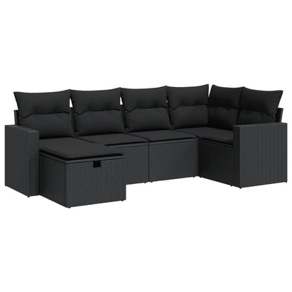 6-delige Loungeset met kussens poly rattan zwart