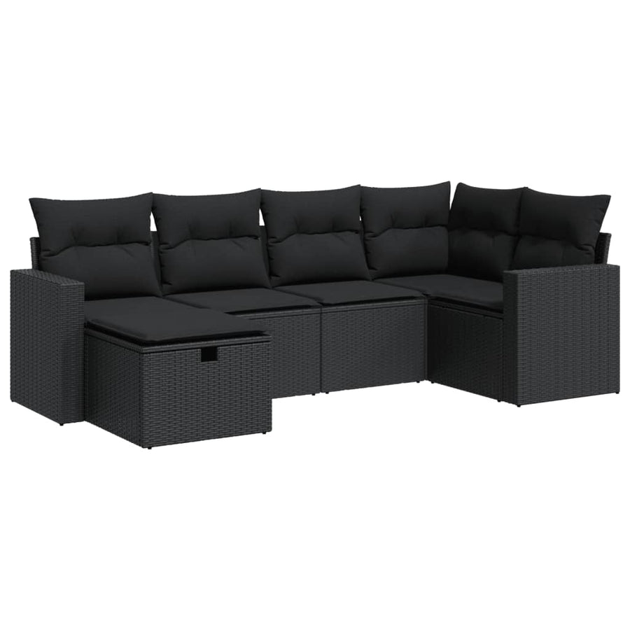 6-delige Loungeset met kussens poly rattan zwart