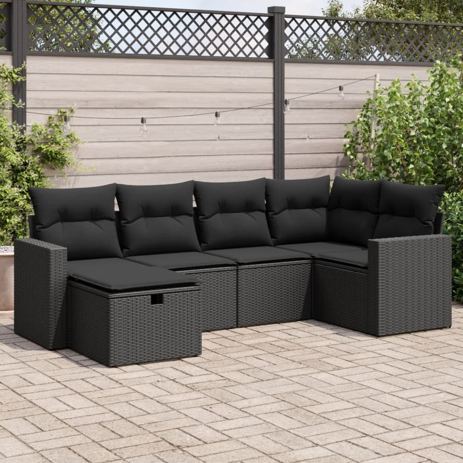 6-delige Loungeset met kussens poly rattan zwart