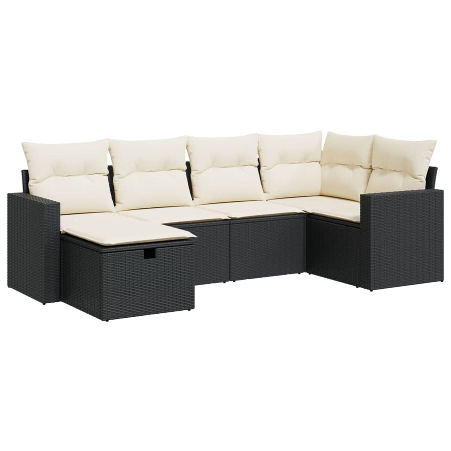 6-delige Loungeset met kussens poly rattan zwart