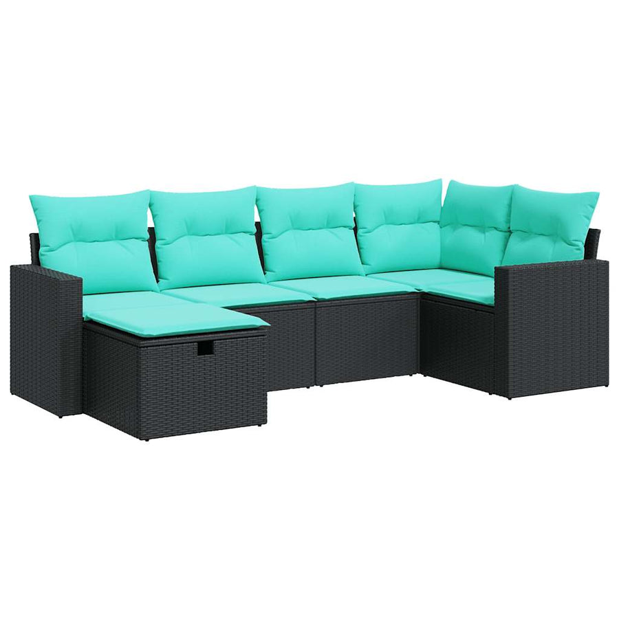 6-delige Loungeset met kussens poly rattan zwart