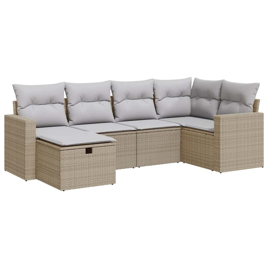 6-delige Loungeset met kussens poly rattan beige