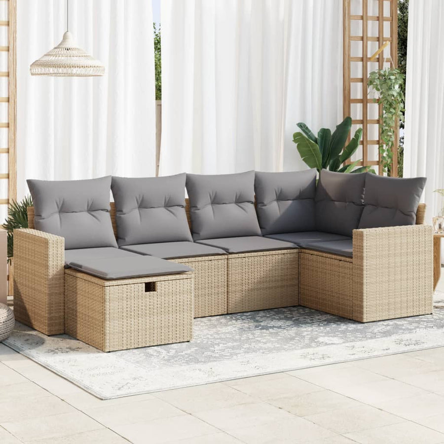 6-delige Loungeset met kussens poly rattan beige