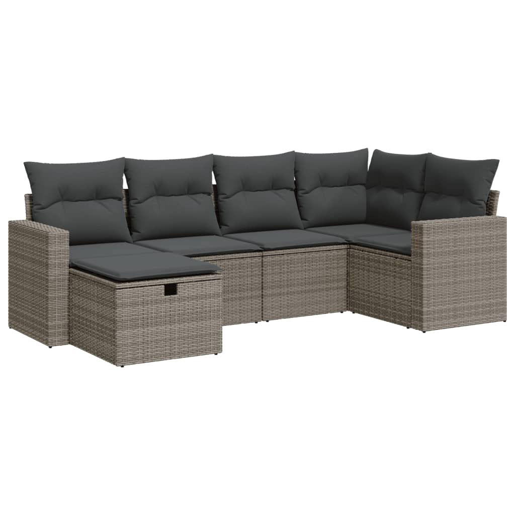 6-delige Loungeset met kussens poly rattan grijs