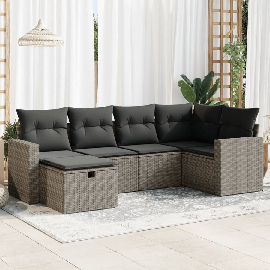 6-delige Loungeset met kussens poly rattan grijs