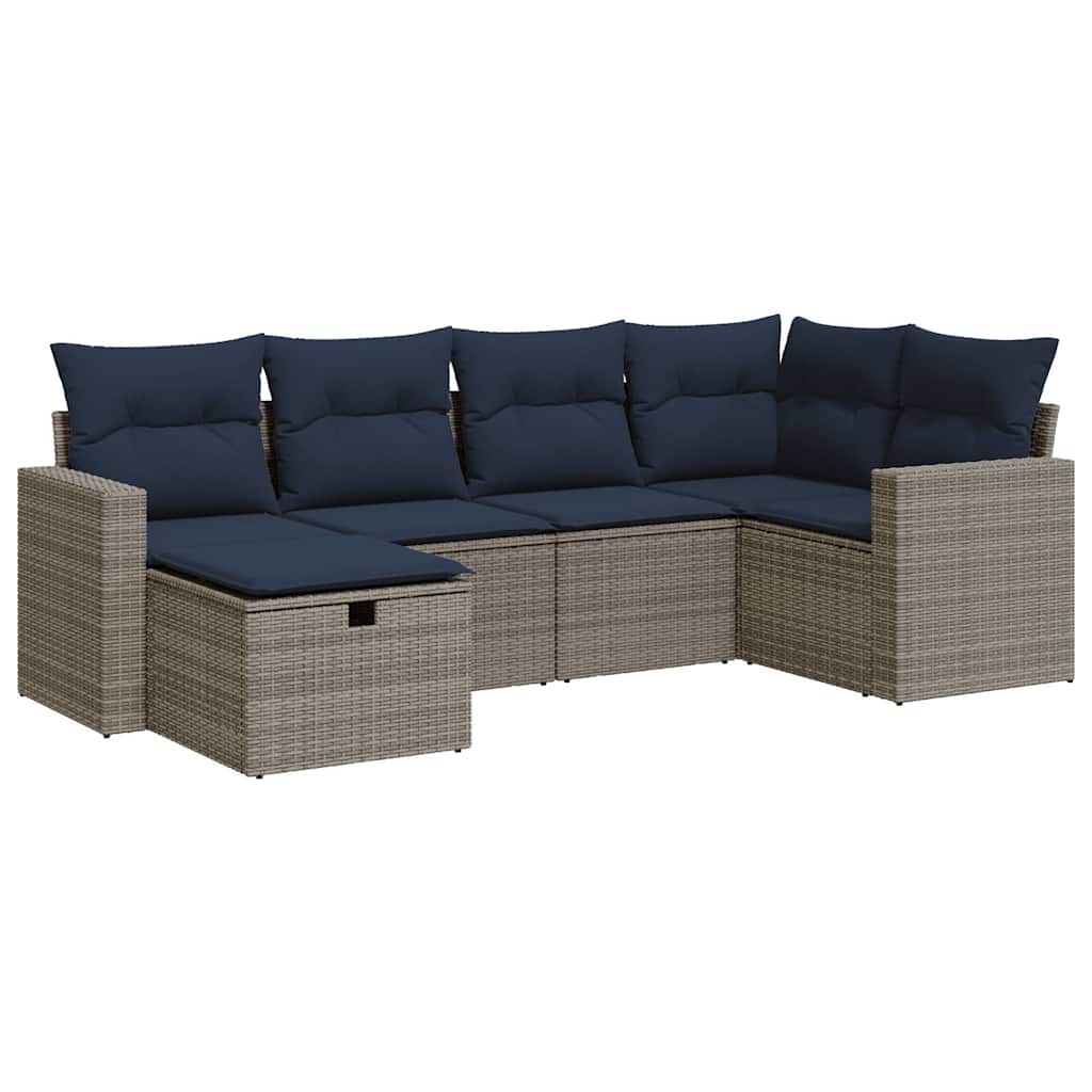6-delige Loungeset met kussens poly rattan grijs