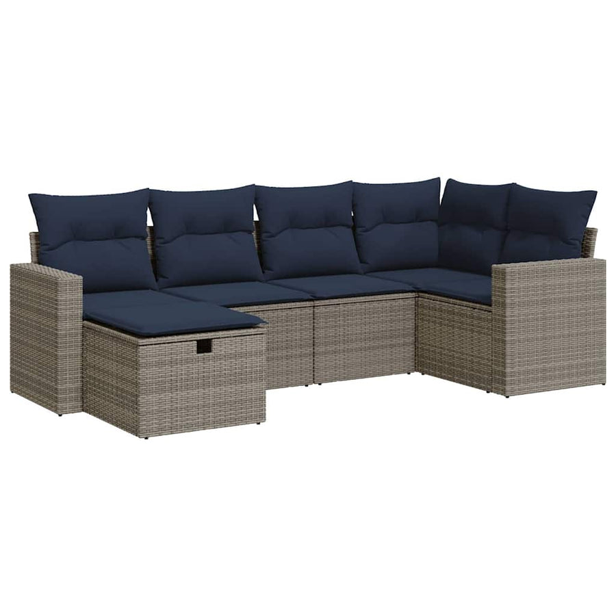 6-delige Loungeset met kussens poly rattan grijs