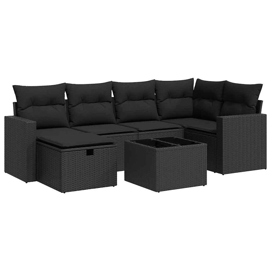 7-delige Loungeset met kussens poly rattan zwart