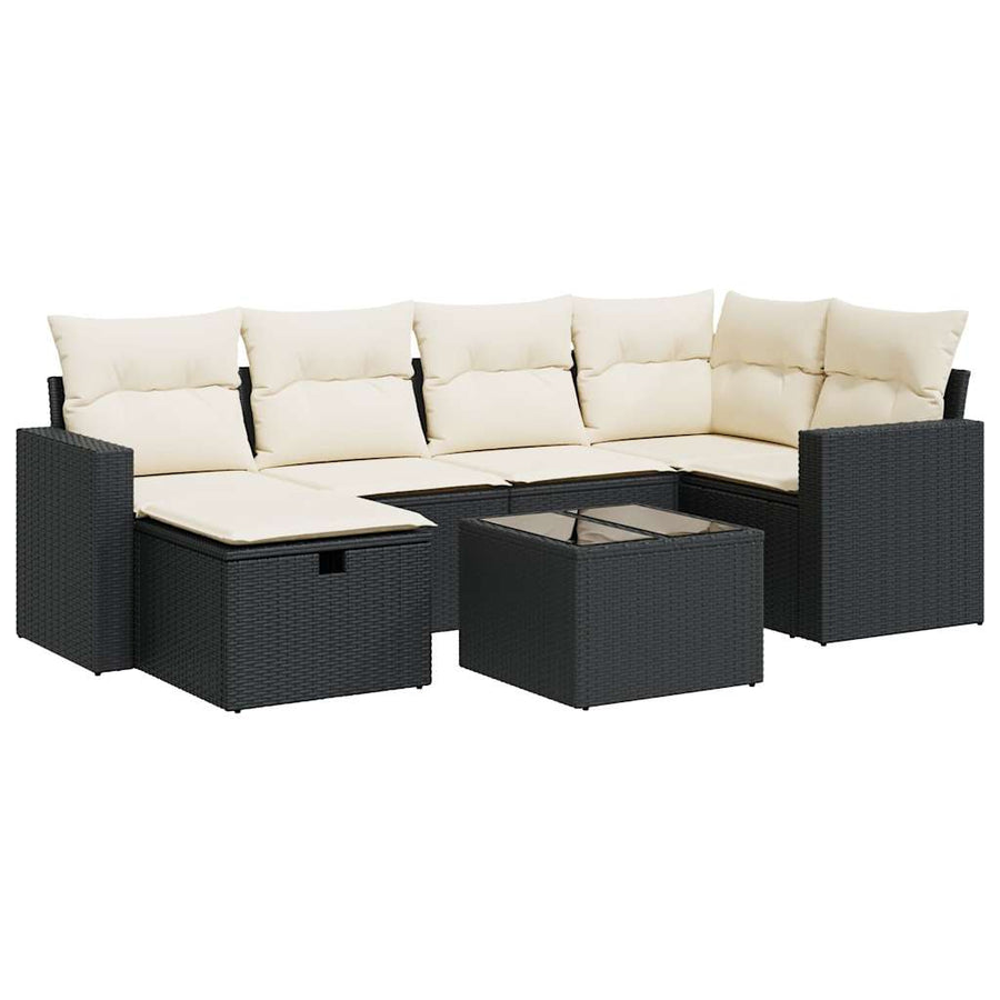 7-delige Loungeset met kussens poly rattan zwart