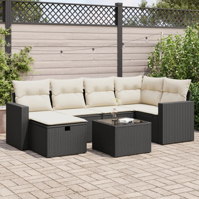 7-delige Loungeset met kussens poly rattan zwart