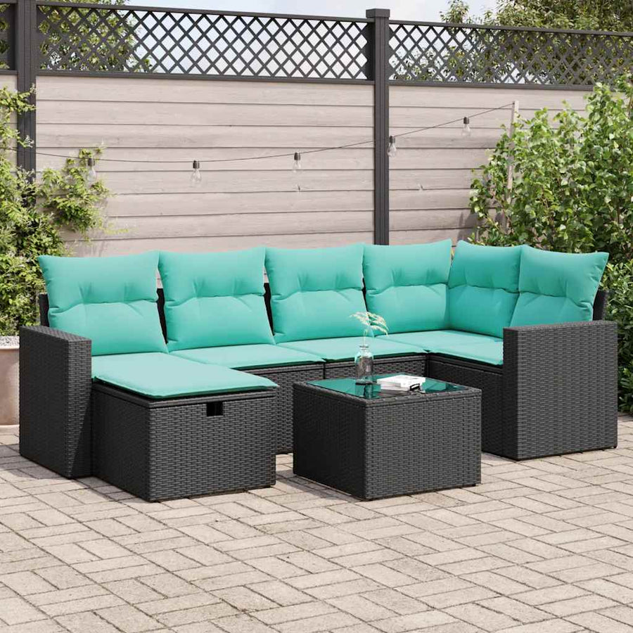 7-delige Loungeset met kussens poly rattan zwart