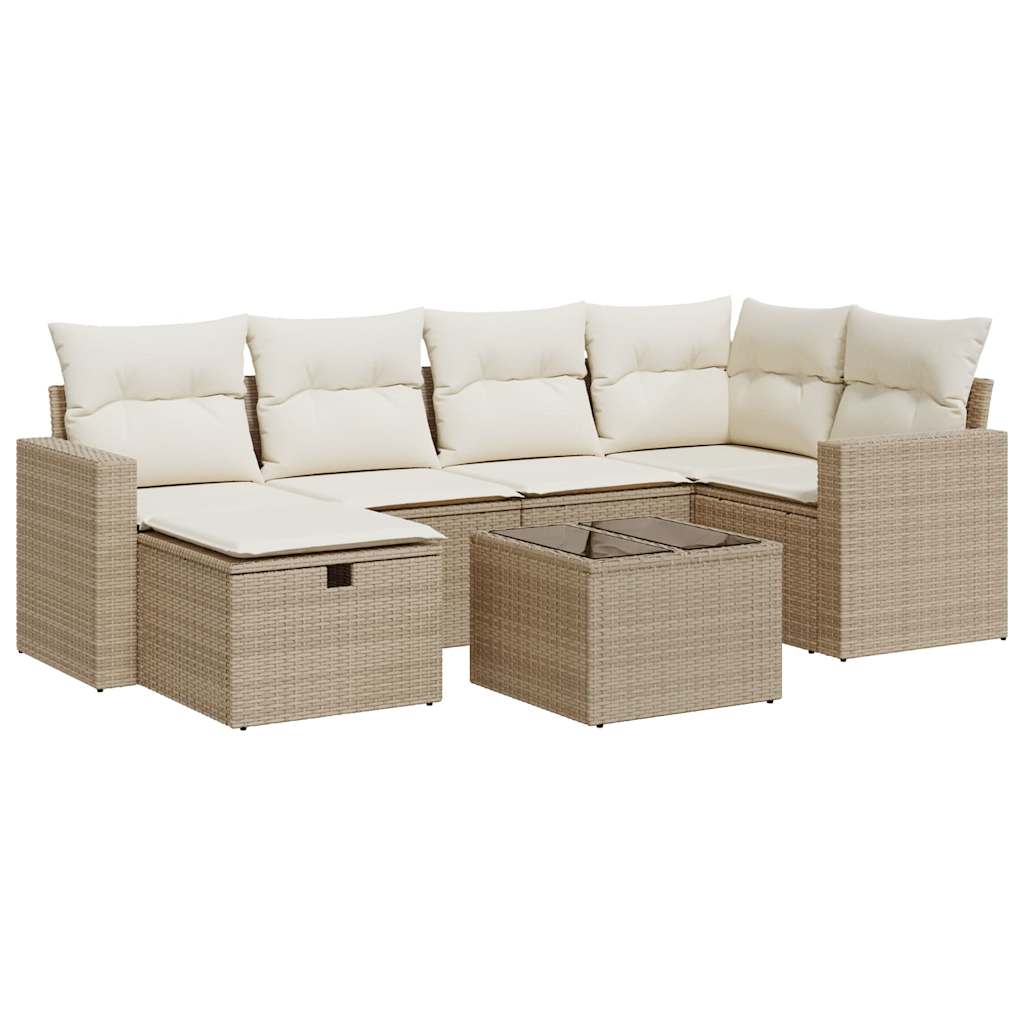 7-delige Loungeset met kussens poly rattan beige