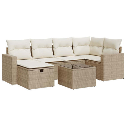 7-delige Loungeset met kussens poly rattan beige