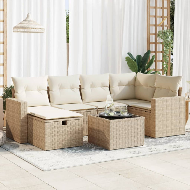 7-delige Loungeset met kussens poly rattan beige