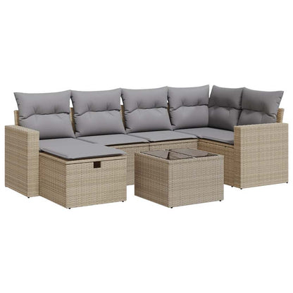 7-delige Loungeset met kussens poly rattan beige