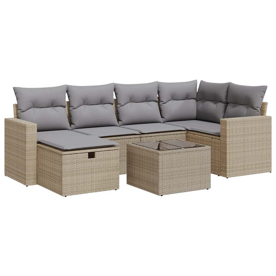 7-delige Loungeset met kussens poly rattan beige