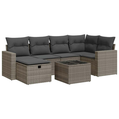 7-delige Loungeset met kussens poly rattan grijs