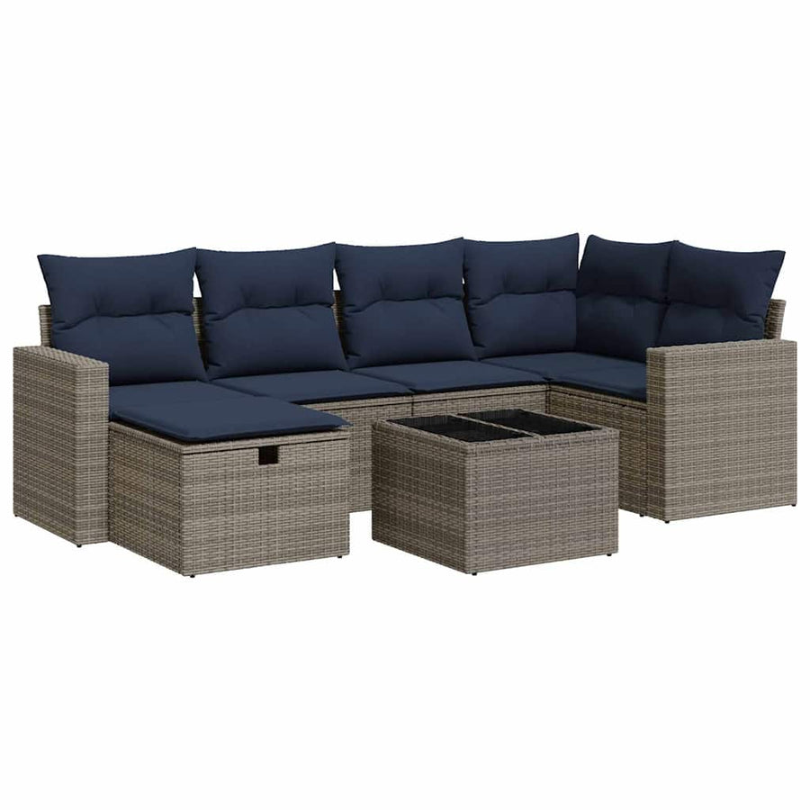 7-delige Loungeset met kussens poly rattan grijs
