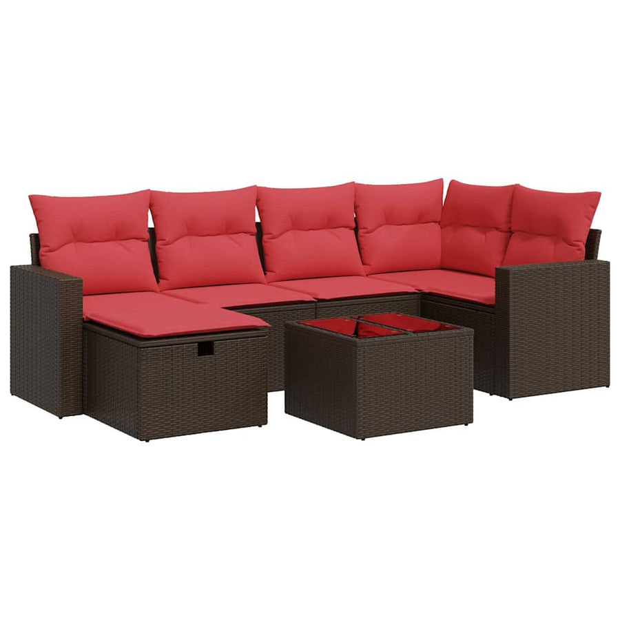7-delige Loungeset met kussens poly rattan bruin