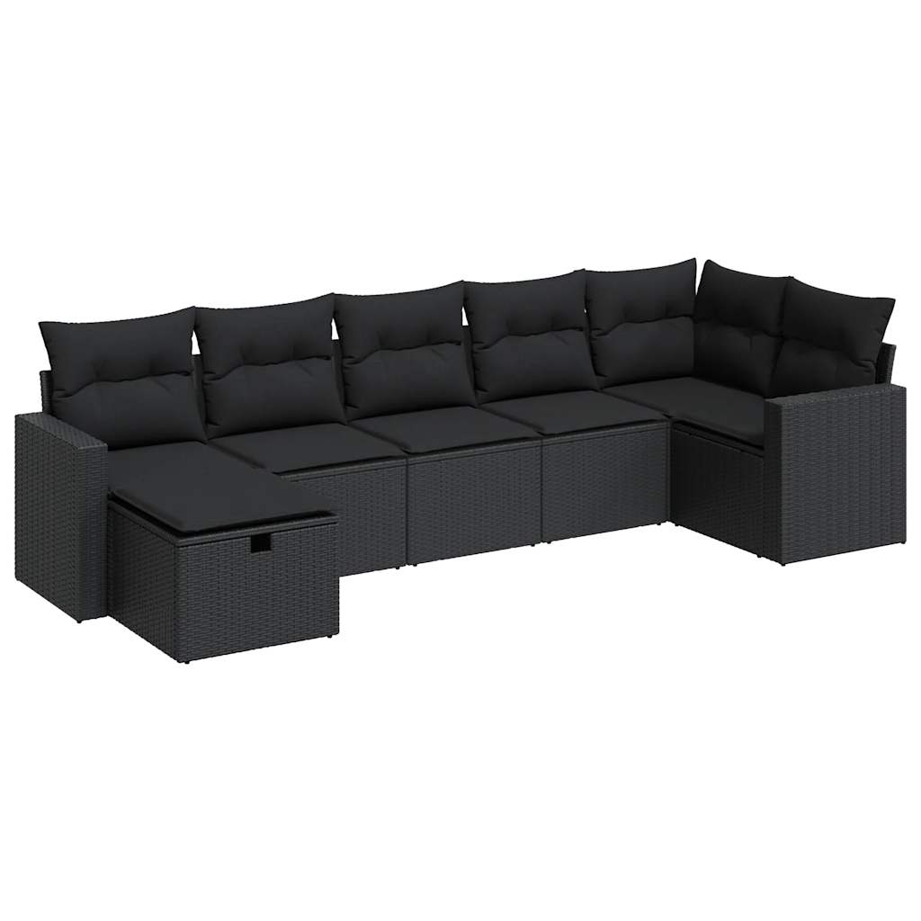 7-delige Loungeset met kussens poly rattan zwart
