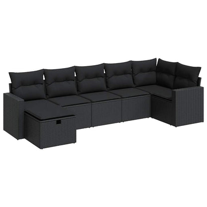 7-delige Loungeset met kussens poly rattan zwart