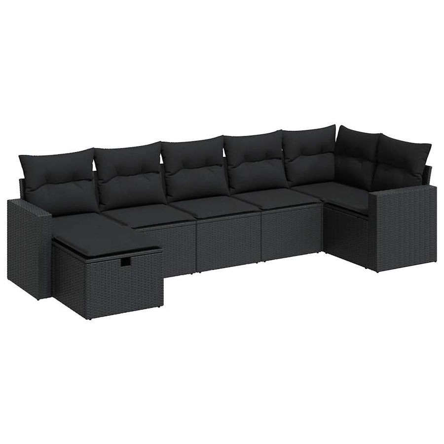 7-delige Loungeset met kussens poly rattan zwart
