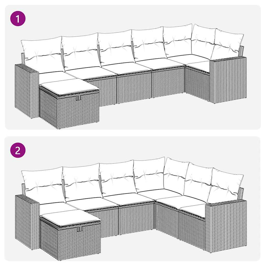 7-delige Loungeset met kussens poly rattan zwart