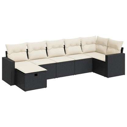 7-delige Loungeset met kussens poly rattan zwart