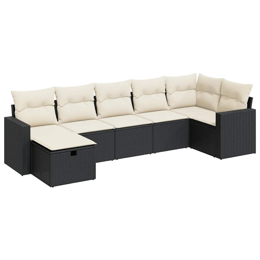 7-delige Loungeset met kussens poly rattan zwart