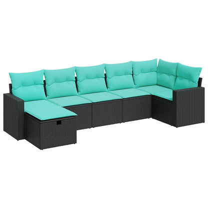 7-delige Loungeset met kussens poly rattan zwart