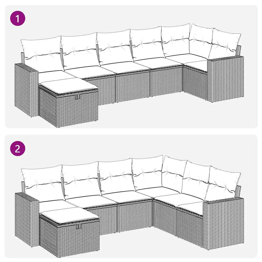 7-delige Loungeset met kussens poly rattan zwart
